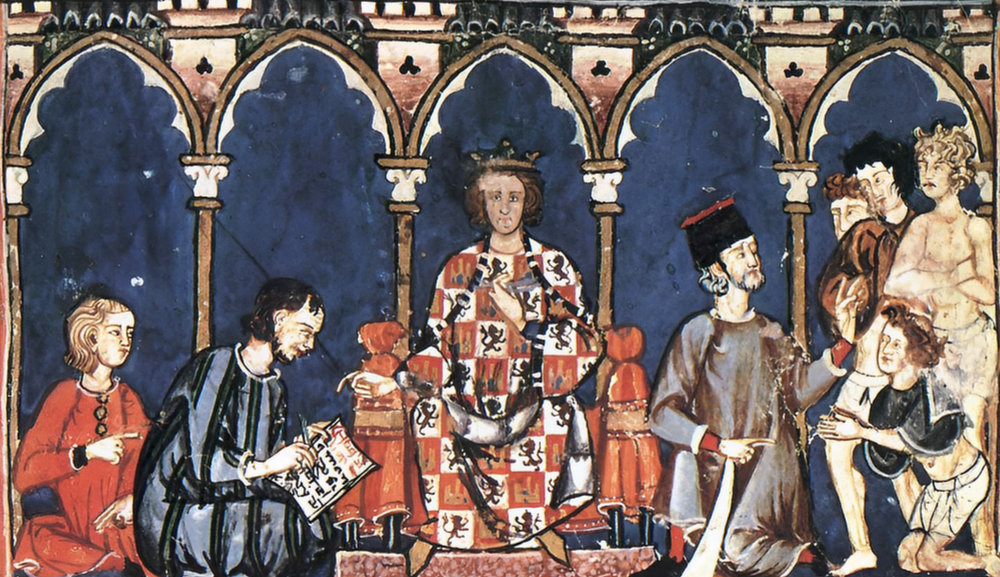 La típica imagen de Alfonso X en medio y su corte a los lados, disponible en Wikimedia Commons